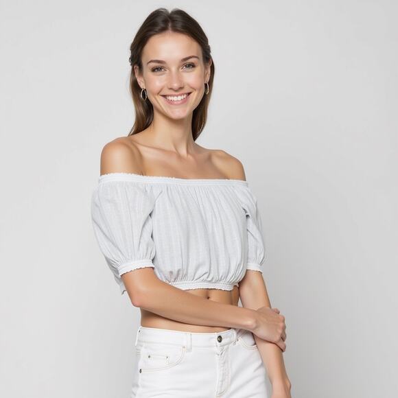 ASOS White Off Shoulder Cropped Top 2 Short Sleeve Boho Romantic Festival Wear - Picture 4 of 5